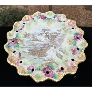 Gorgeous Nippon Japanese Mountain Scene 10" Plate Hand Painted & Beaded Gold -O2